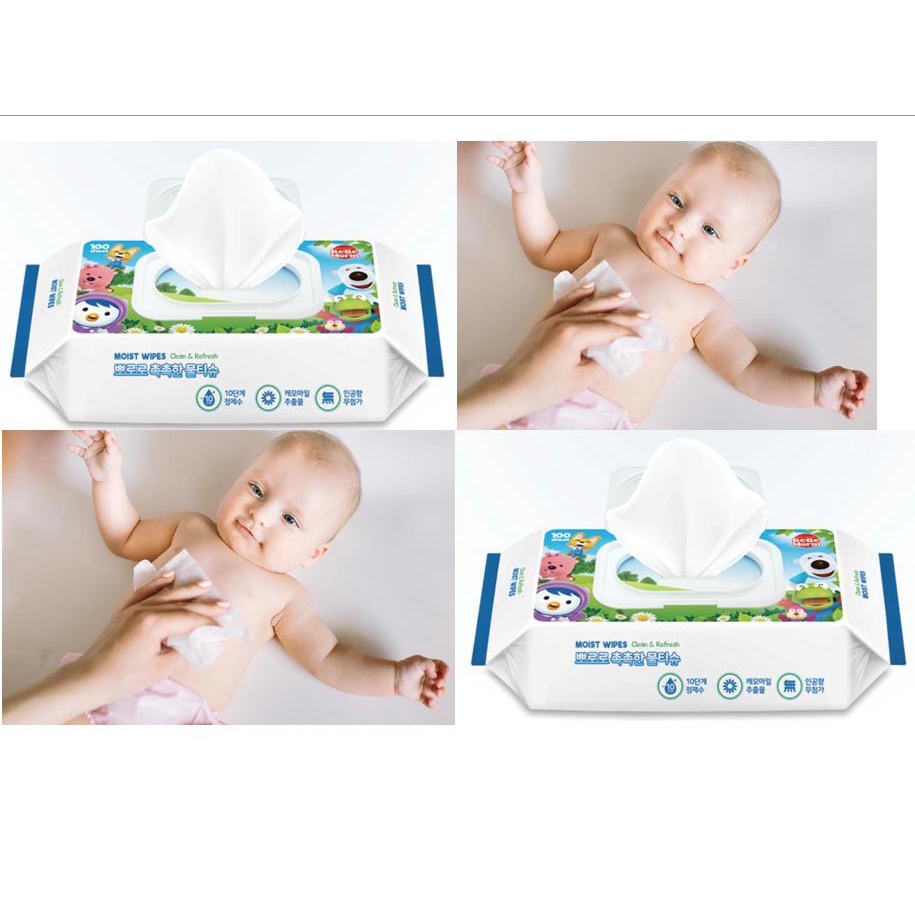 Khăn Uớt Dưỡng Ẩm Không Mùi Cho Da Nhạy Cảm, Cho Trẻ Sơ Sinh Và Trẻ Nhỏ Pororo Moist Wipes (100 miếng/ gói)