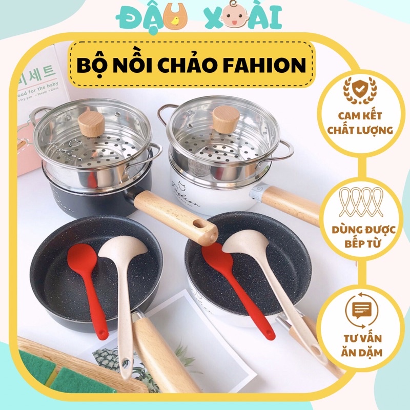 SET NỒI CHẢO HẤP MEN ĐÁ CHỐNG DÍNH FASHION CHO BÉ ĂN DẶM