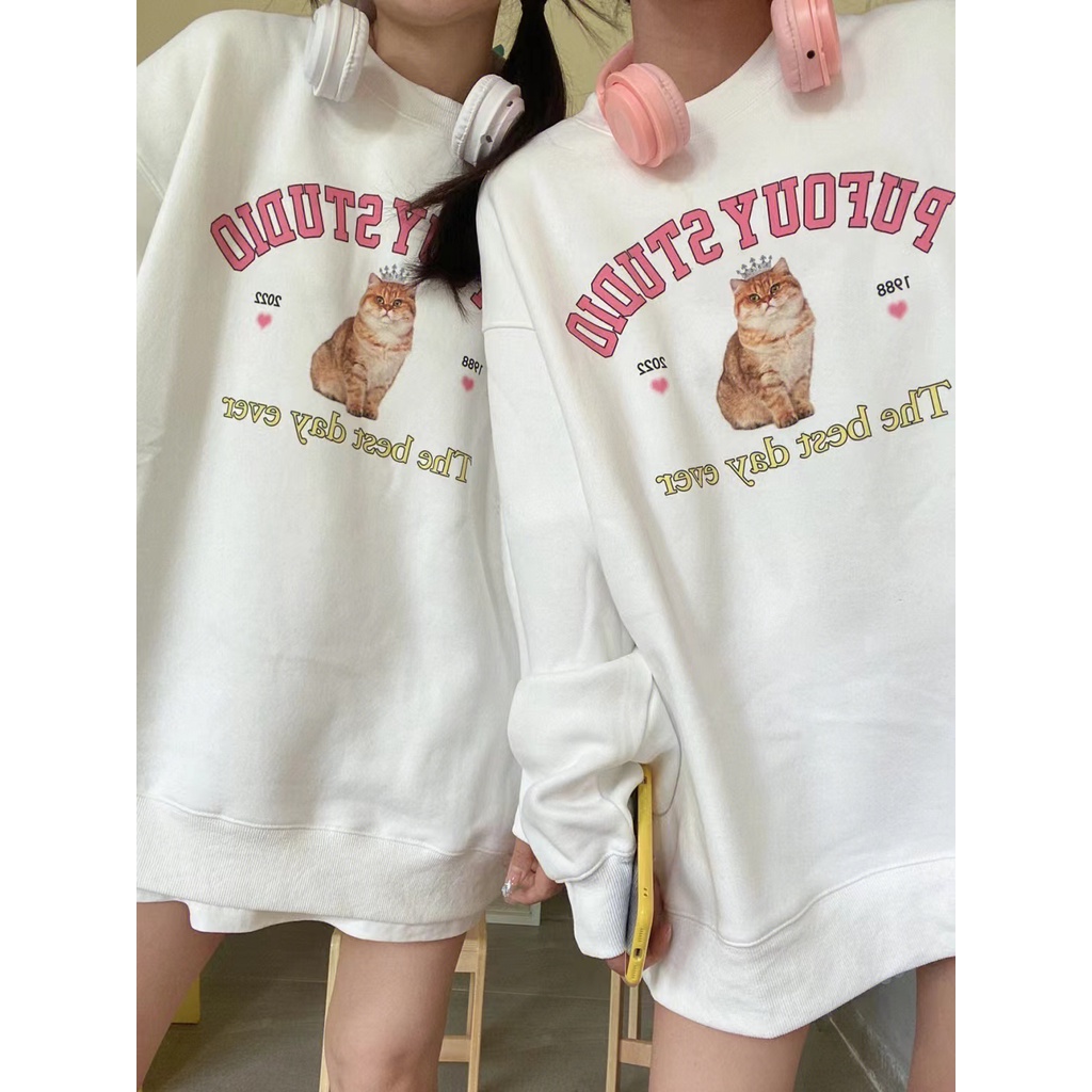 Áo Sweater Cổ Tròn Dáng Rộng In Hình Mèo Đội Vương Miện Dễ Thương Kiểu Mỹ