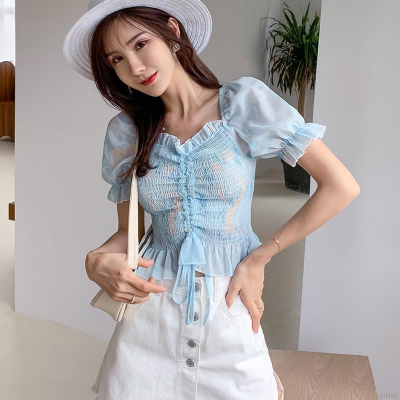 Áo Chiffon Cổ Vuông Xếp Ly Quyến Rũ Thời Trang Hàn Quốc Cho Nữ