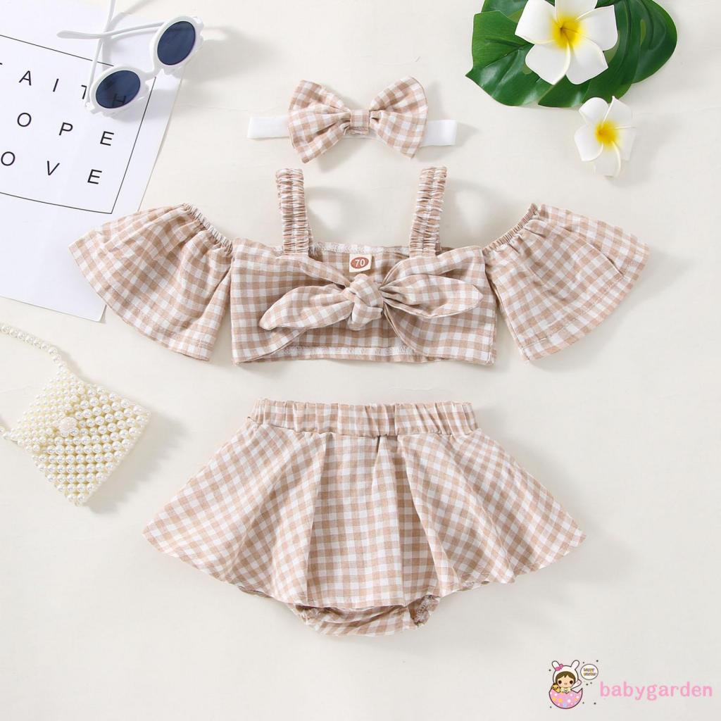 Set Áo Trễ Vai Tay Ngắn Kẻ Sọc Ca Rô + Chân Váy Thời Trang Hè Xinh Xắn Cho Bé Gái 0-3 Tuổi