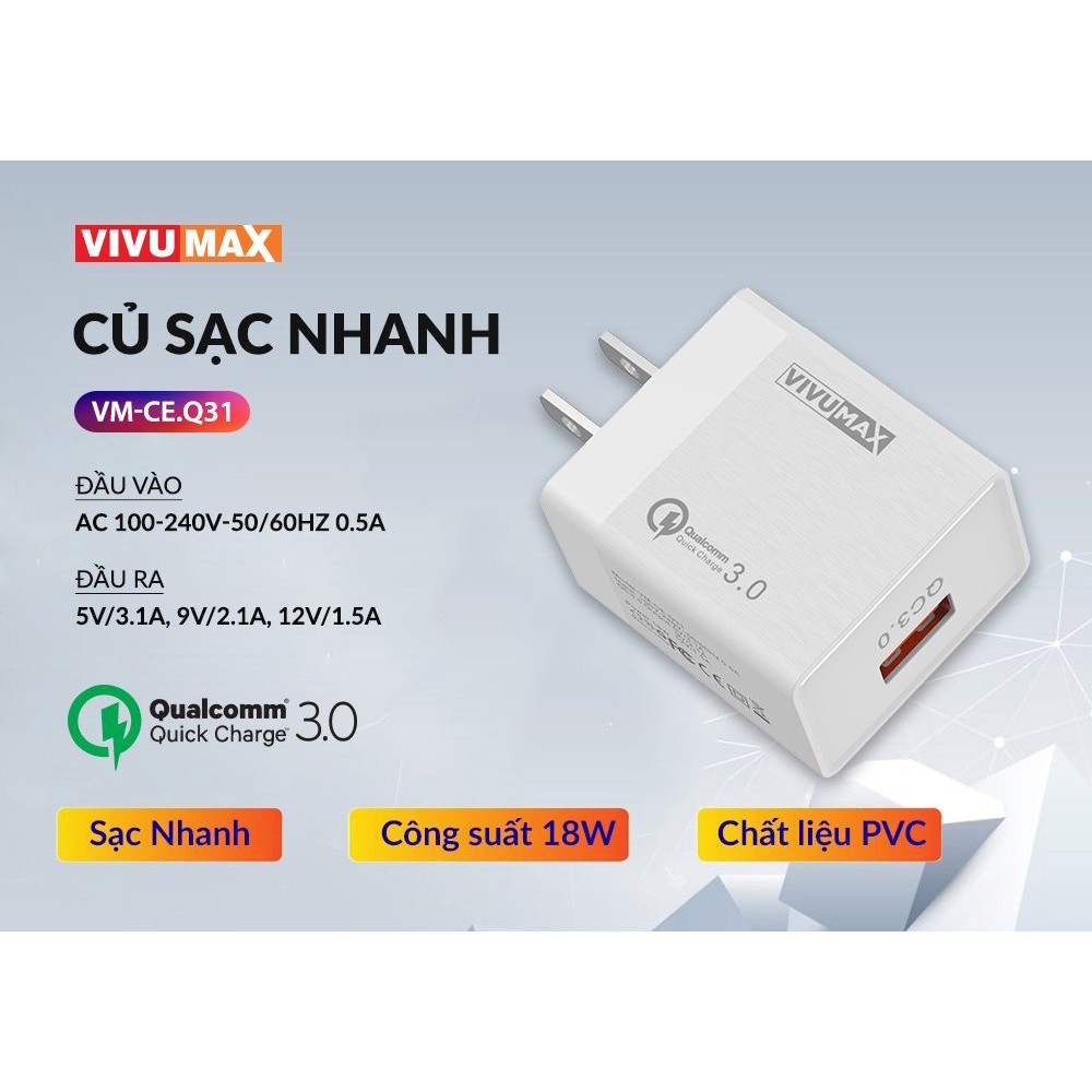 Củ Sạc nhanh VivuMax VM-CE.Q31 - Trắng - Hàng chính hãng