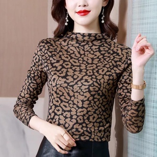 Áo thun tay dài họa tiết da báo thời trang thu đông cho phụ nữ trung niên