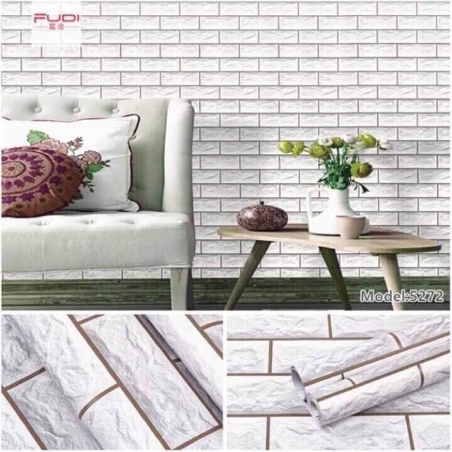 10m Giấy dán tường (decal cuộn) GẠCH TRẮNG có keo sẵn bóc dán đơn giản