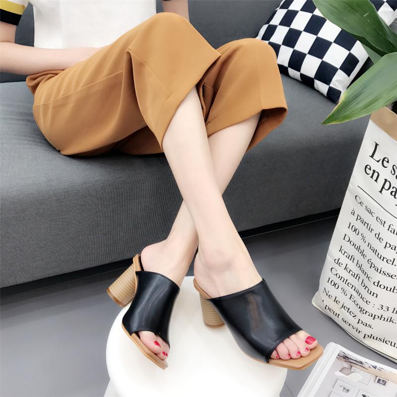 ▩❂High-heeled slippers women s summer fashion all-match outer wear leather thick-heeled mules personality square-toe outdoor Korean sandals women