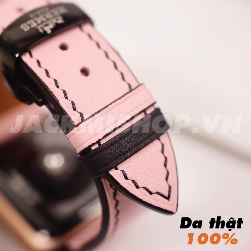 [BẢO HÀNH 1 NĂM] Dây da BÊ SWIFT may tay thủ công màu Hồng chỉ Đen khoá bướm cho Apple Watch series 1/2/3/4/5/6/7