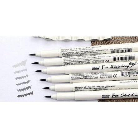 Bộ Bút Marvy 4600 Ngòi Brush Drawing Pen Tone Xám/Tone Nâu (Bộ 6 cây)