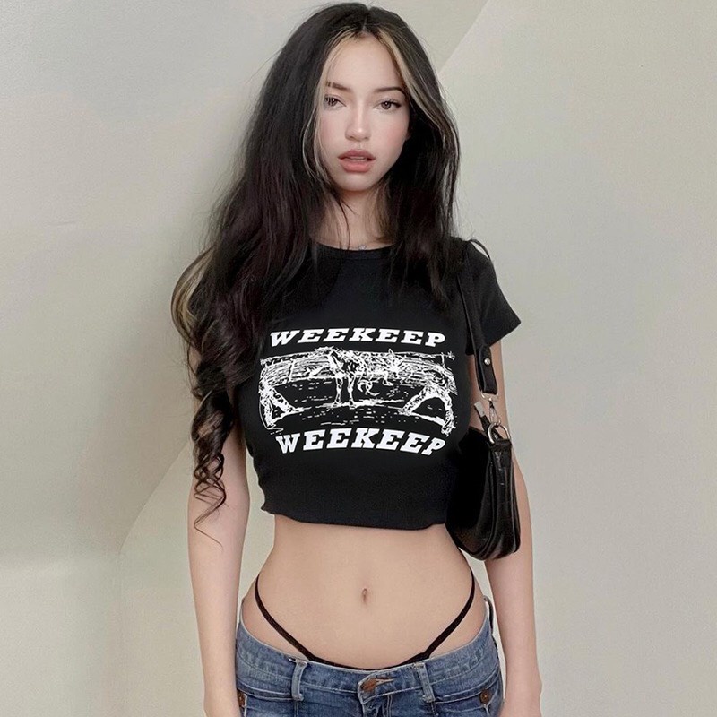 Áo Croptop Thun Ôm Body In Chữ WEEKEEP cá tính streetstyle A96