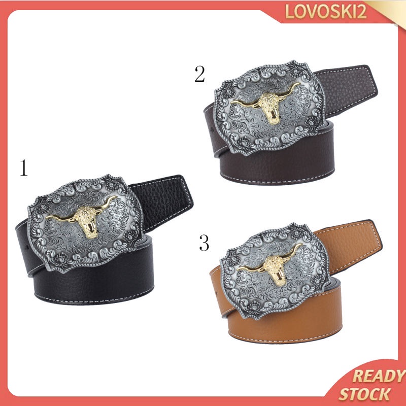 Mens Western Cowboy Leather Belt Waistband Arabesque Cow Head Buckle Black
