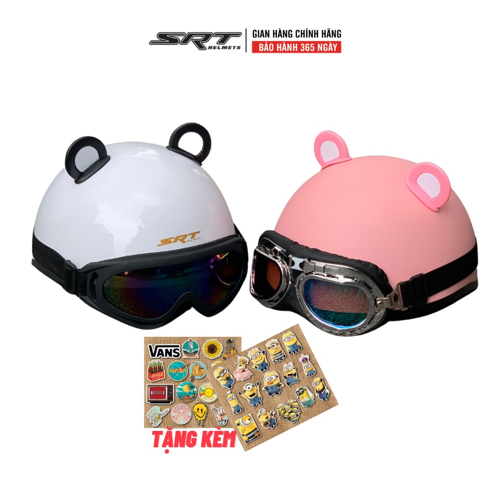 Mũ bảo hiểm nửa đầu SRT trơn nhiều màu kèm kính UV, kính phi công, freesize - tặng sticker