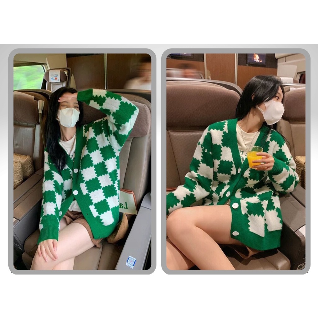 Áo Khoác Cardigan Len Hoạ Tiết Sọc Caro To Phong Cách Thời Trang Hàn Quốc, Labibi