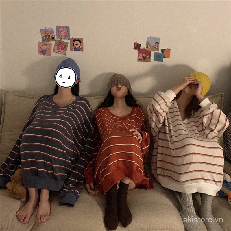 BIG SIZE 2XL 110kg - Áo Thun Nữ Tay Dài Dáng Rộng Kẻ Sọc Ngang thời trang thu đông 2021 | BigBuy360 - bigbuy360.vn