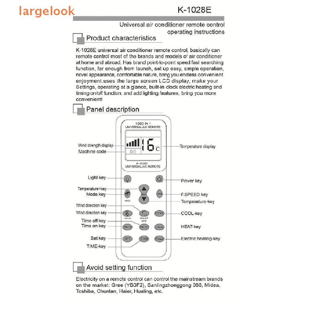Điều Khiển Từ Xa K-1028E AC Màn Hình LCD Không Dây Cho Máy Lạnh