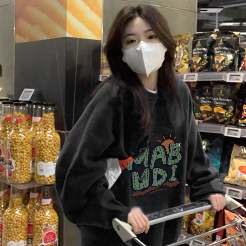 Áo sweater ZHELIHANGFEI cổ tròn in họa tiết chữ cái phong cách đi học dễ phối đồ thời trang