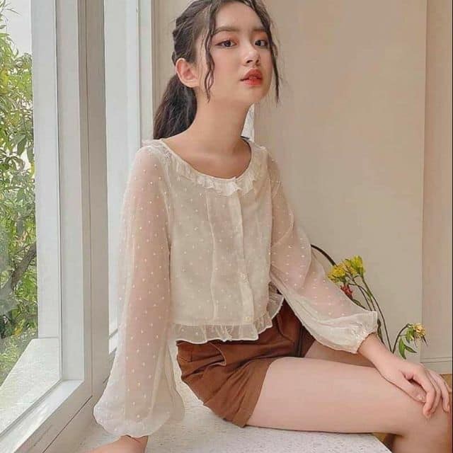 Áo Sơ Mi Voan Dài Tay Chấm Bi