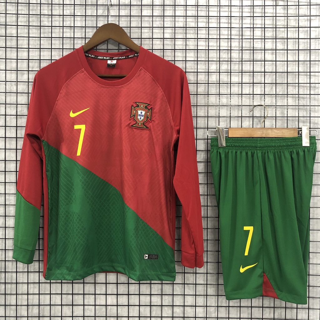 Bộ quần áo đá banh RONALDO tuyển BĐN Bồ Đào Nha đỏ DÀI TAY 2022