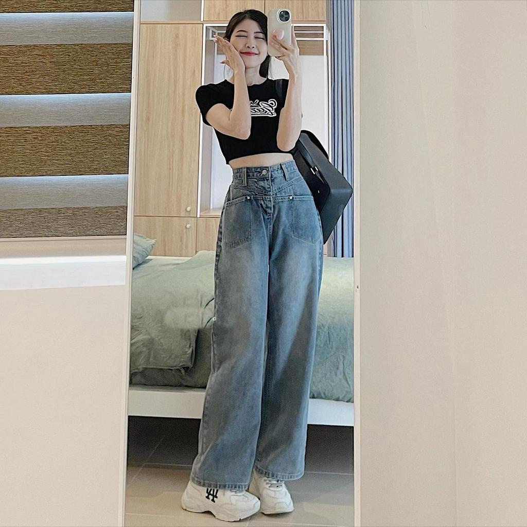 [ORNB544] QUẦN JEANS ỐNG RỘNG NỮ LƯNG CAO 2 TÚI NHỌN TRƯỚC MÀU XANH NHẠT LAI CUỐN SIÊU LẠ MẮT THỜI TRANG ĐẲNG CẤP