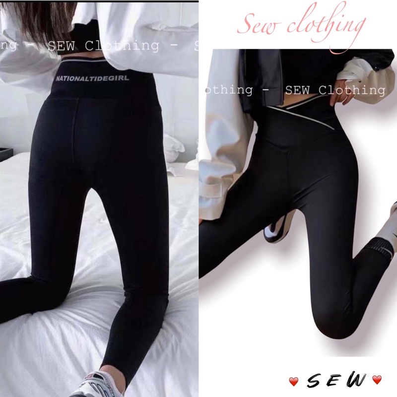 Quần legging nữ cạp cao viền sọc kẻ trắng vạt chéo gen bụng nâng mông dáng quần tregging dài ôm thun gân vải co giãn