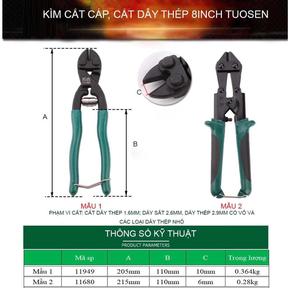 Kềm cắt cáp, kìm cắt dây thép, kéo cắt thép 8inch TUOSEN / Tuo Sen (Mẫu 1 và 2)