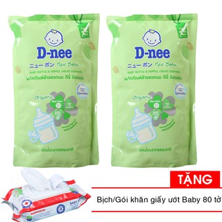 Combo 2 bịch nước rửa bình sữa và rau quả dnee 600ml tặng 1 bịch khăn ướt 80 tờ