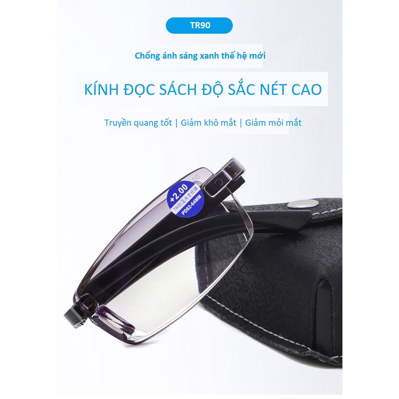 Kính lão đọc sách không viền gập gọn tiện lợi , giảm mỏi mắt, chống chói,chống ánh sáng xanh có hại từ điện thoại,laptop