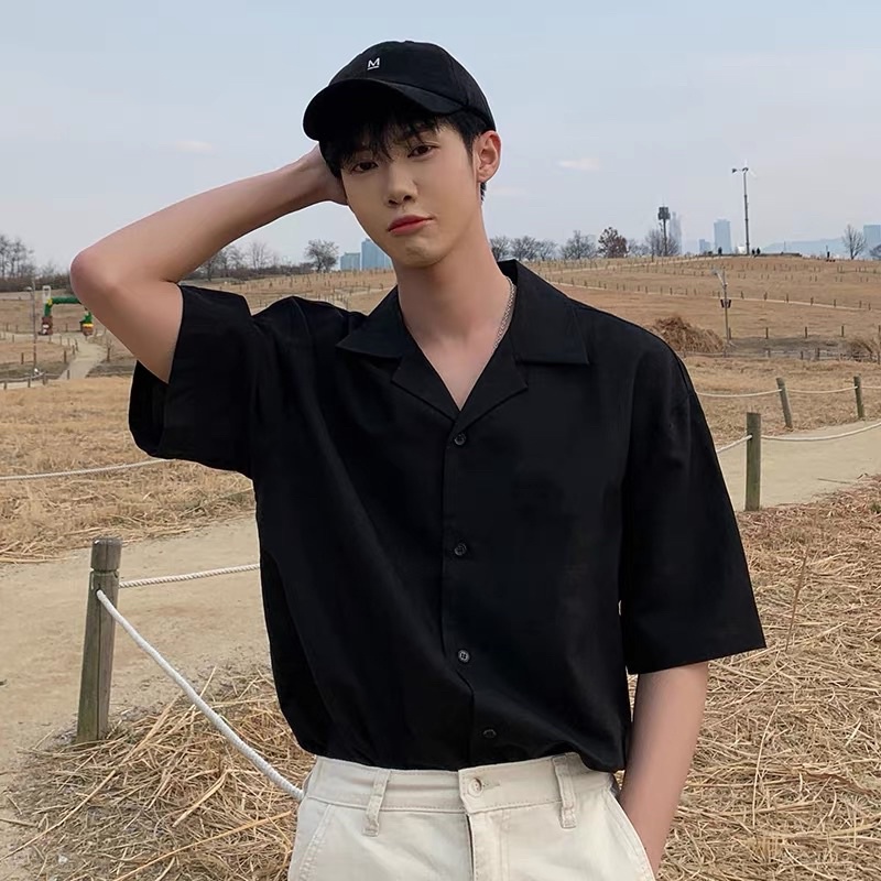 Áo sơ mi Trắng Đen Cổ Vest ngắn tay form rộng unisex nam nữ vải lụa