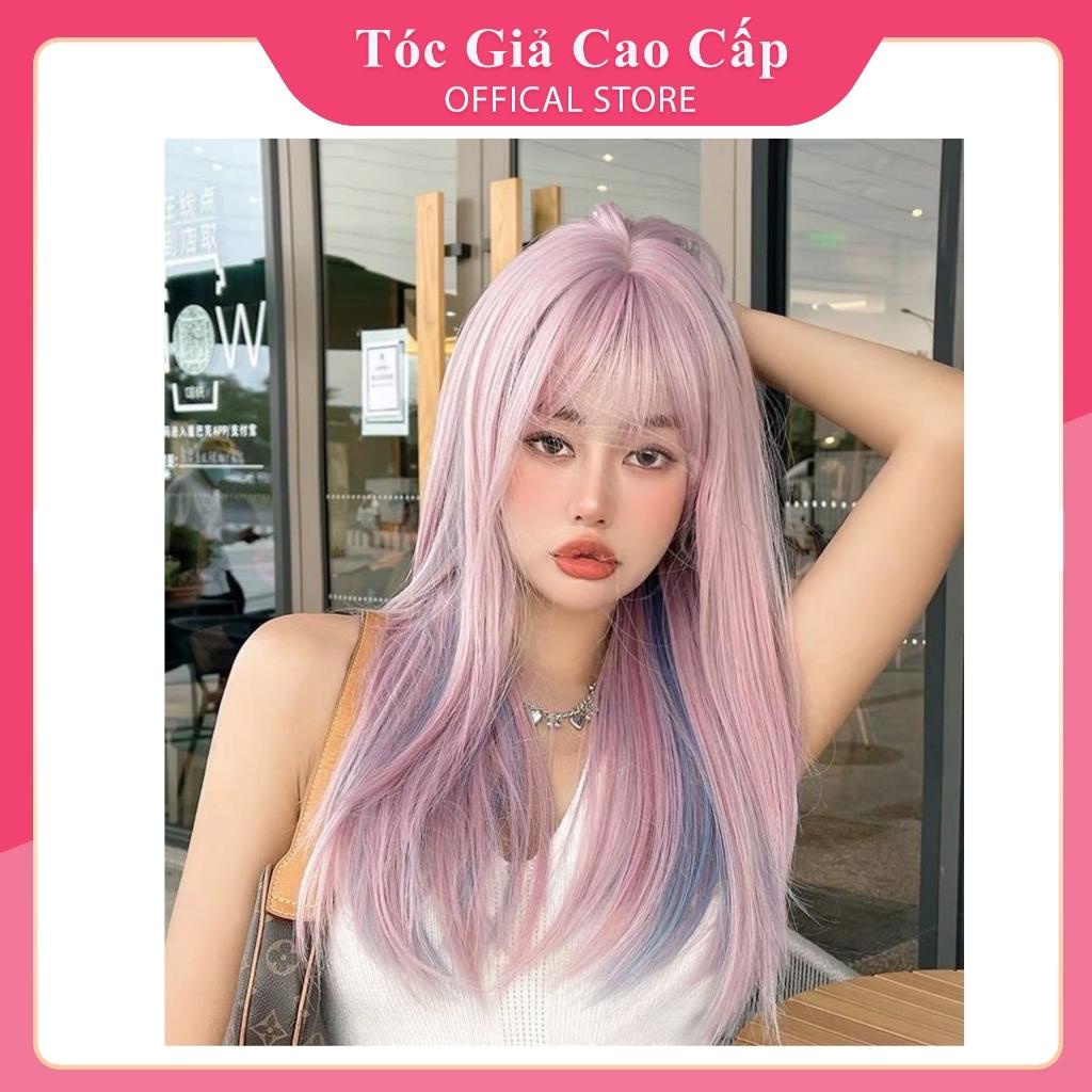 [Mã FAMARAL1 giảm 10K đơn 50K]Tóc giả nữ nguyên đầu hồng phối line xanh, tặng kèm lưới trùm tóc giả, BHT021 line
