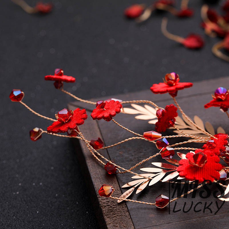 Cài tóc hình hoa màu đỏ đính ngọc trai cho nữ
