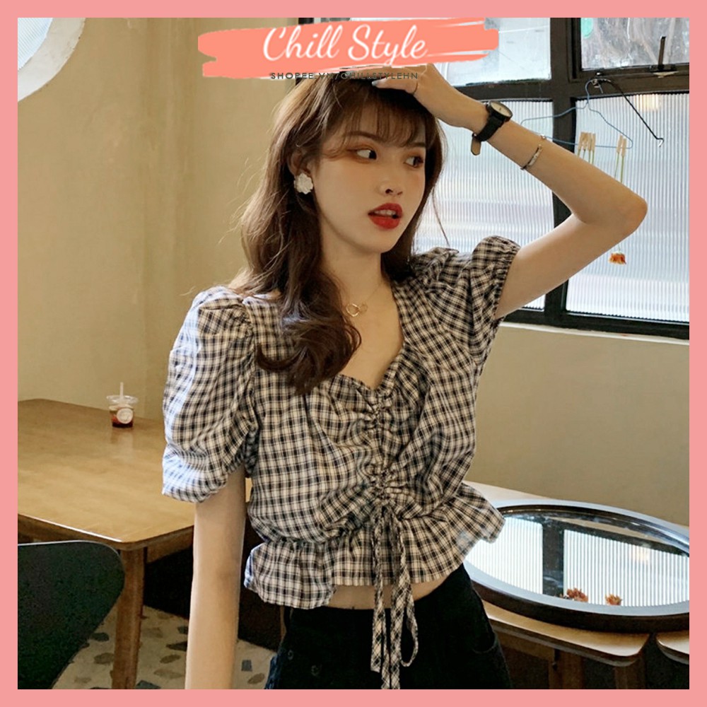 [Áo croptop] Áo croptop kẻ dây rút ngực tay bồng, áo kiểu nữ ulzzang kẻ, áo croptop kiểu, Áo sơ mi nữ CHILLSTYLE A06