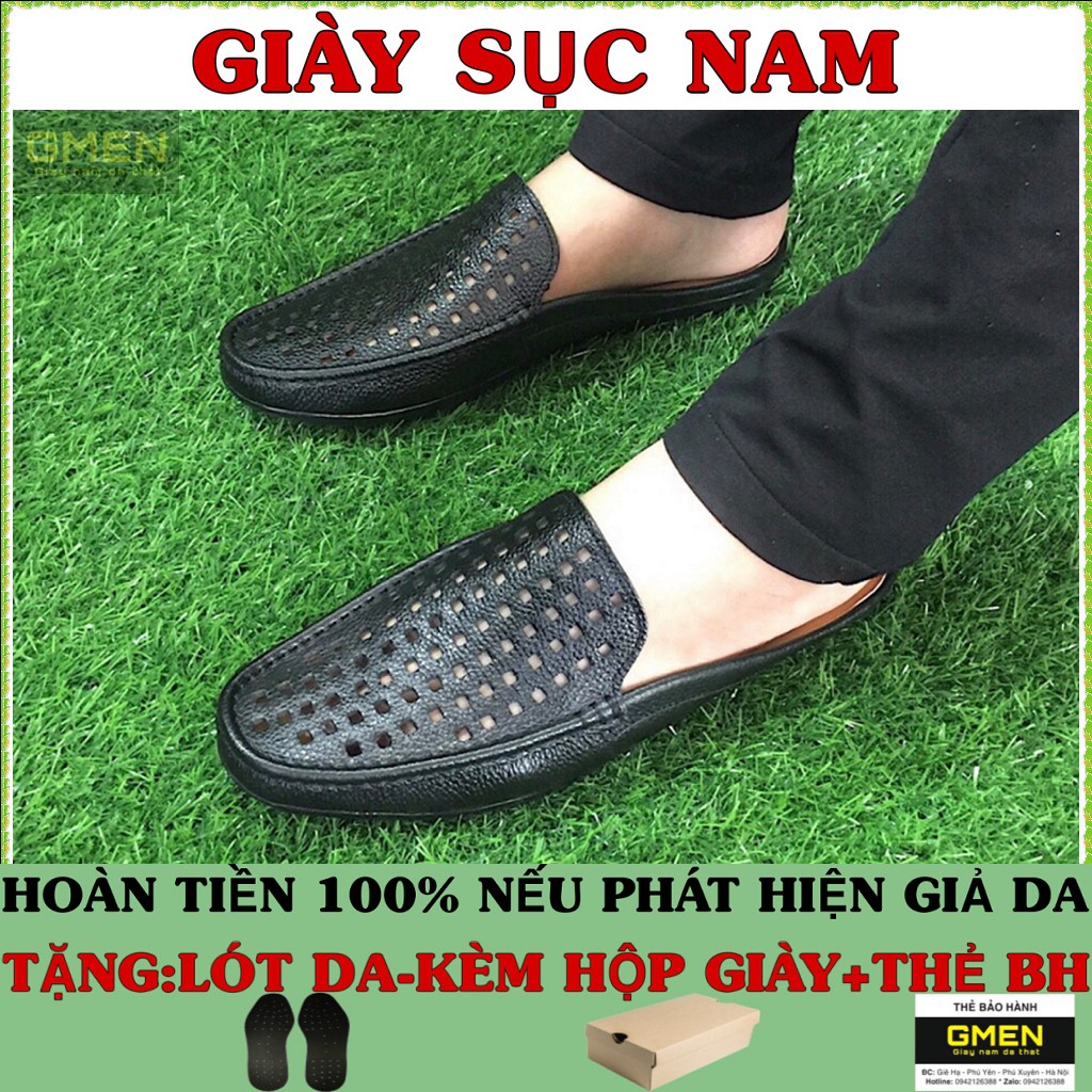 Giày sục nam da thật có lỗ thoáng khí đế cao su êm chân khâu chỉ bảo hành 12 tháng TK0100