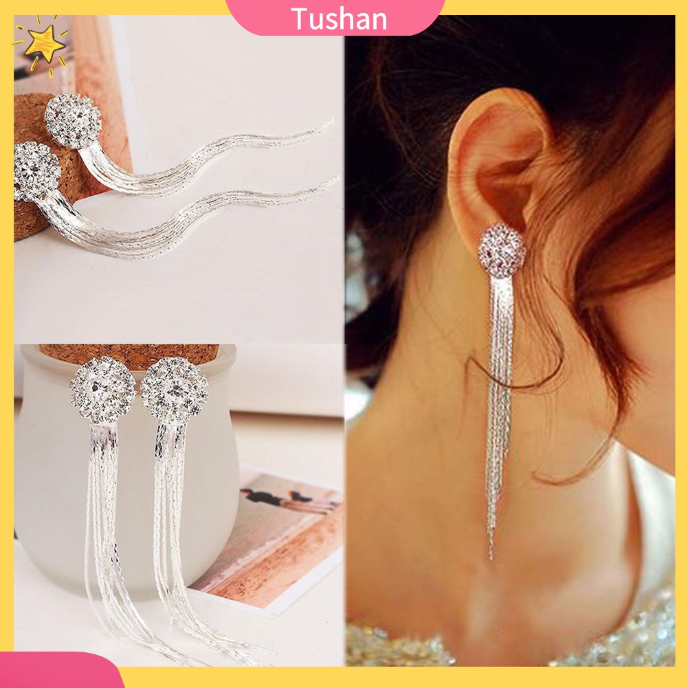 Bông Tai Dáng Dài Đính Đá Lấp Lánh Thời Trang Cho Cô Dâu