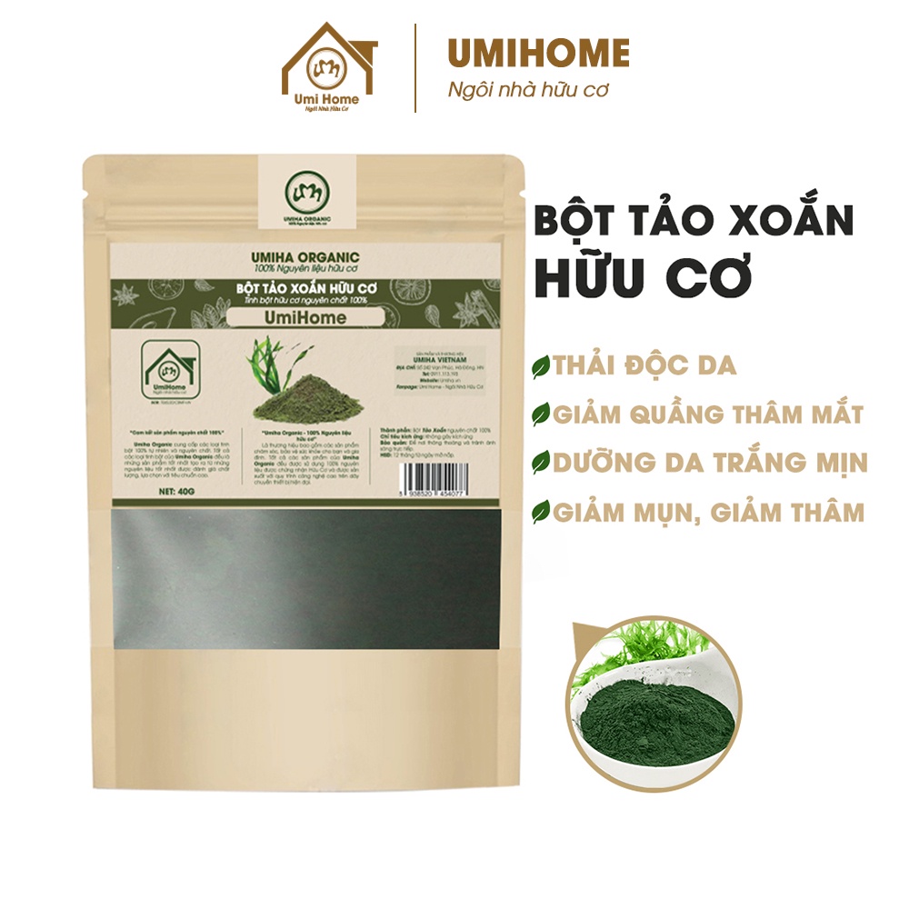 Bột Tảo Xoắn Spirulina nguyên chất UMIHOME 40G đắp mặt nạ dưỡng trắng da, loại bỏ mụn nám hiệu quả