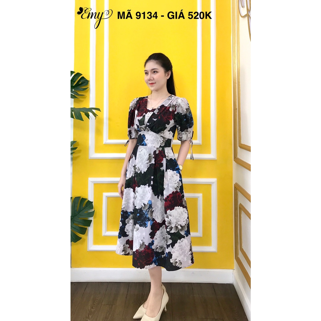 Váy EMY EM9134 Nữ Xòe Hoa Tay Nơ Có Túi