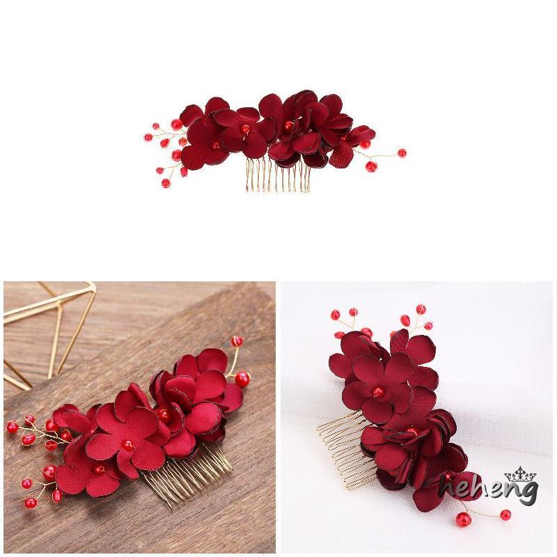 Lược Cài Tóc Cô Dâu Đính Hoa Đỏ Sang Trọng