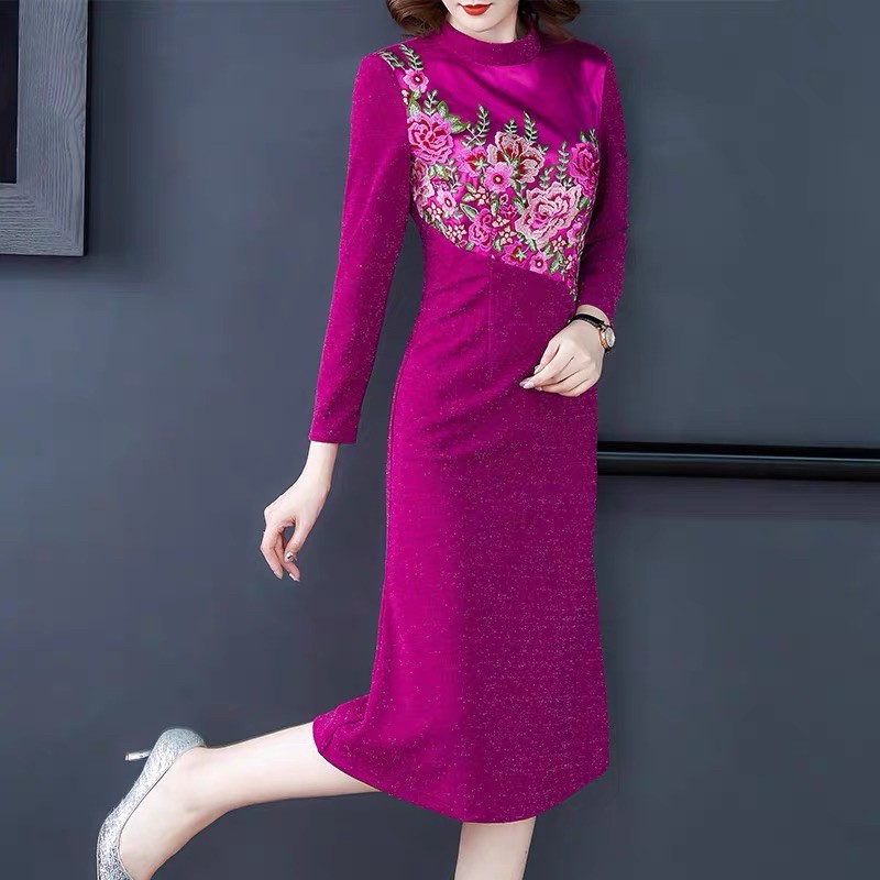 Size XL đầm body thun tím nhủ thêu hoa sales