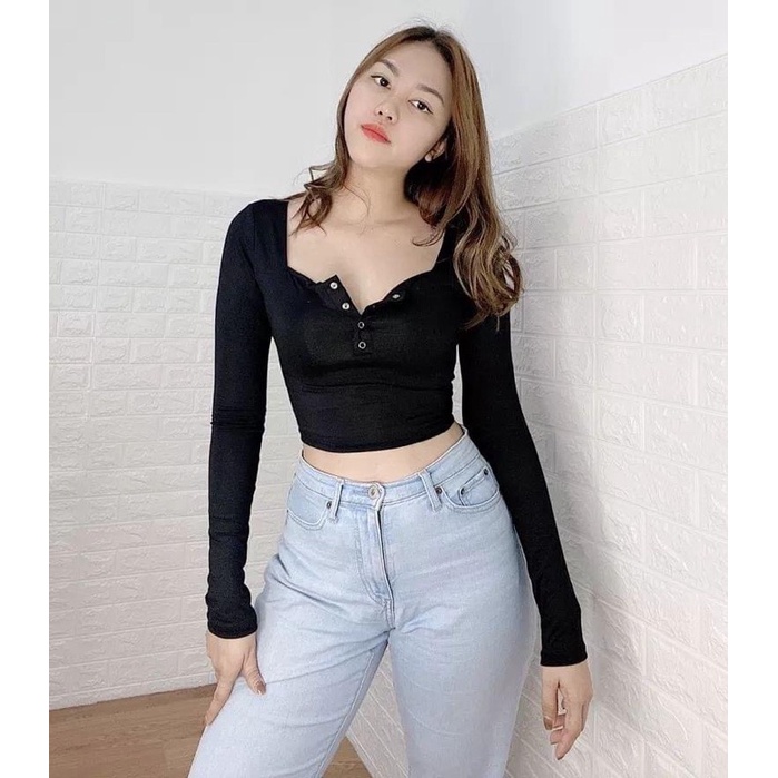ÁO CROPTOP TAY DÀI NÚT BẤM