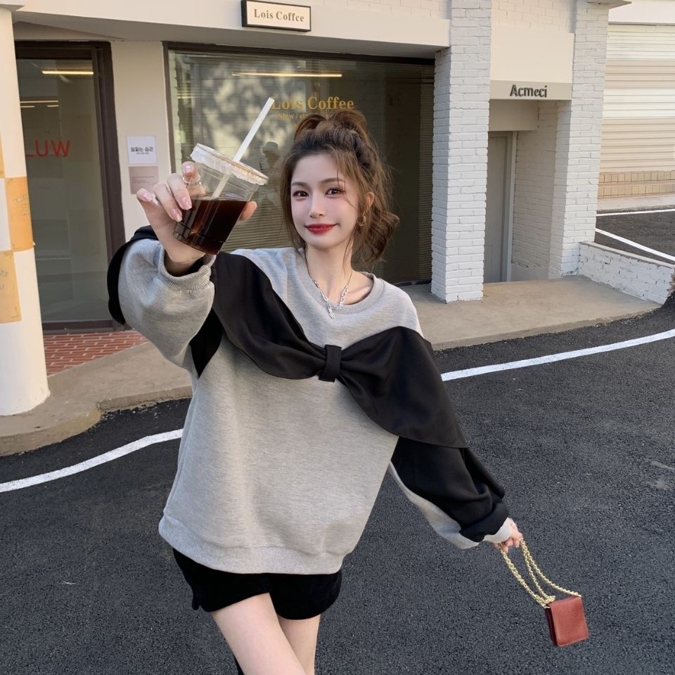 Áo kiểu COZOKC tay dài dáng rộng phối nơ màu tương phản phong cách Hàn Quốc