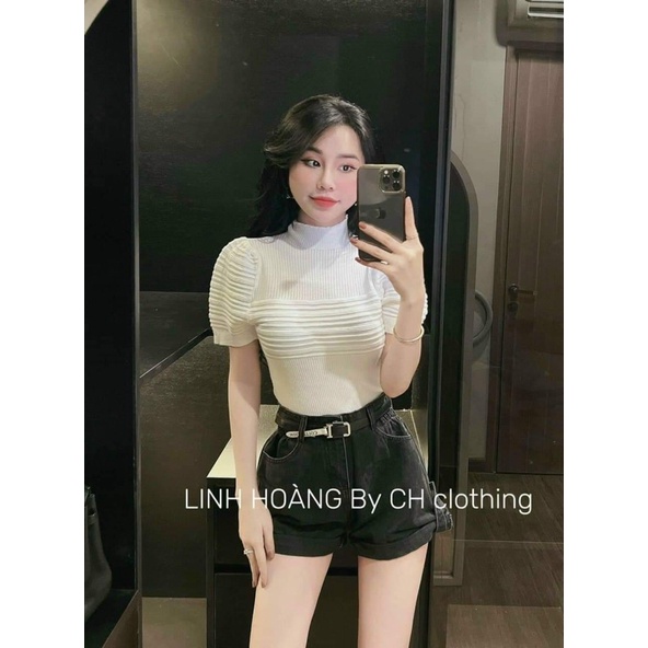 Áo len dệt kim ngắn tay áo thun 2022 mùa thu và mùa đông fom rộng rãi phần trên sọc 3 chiều