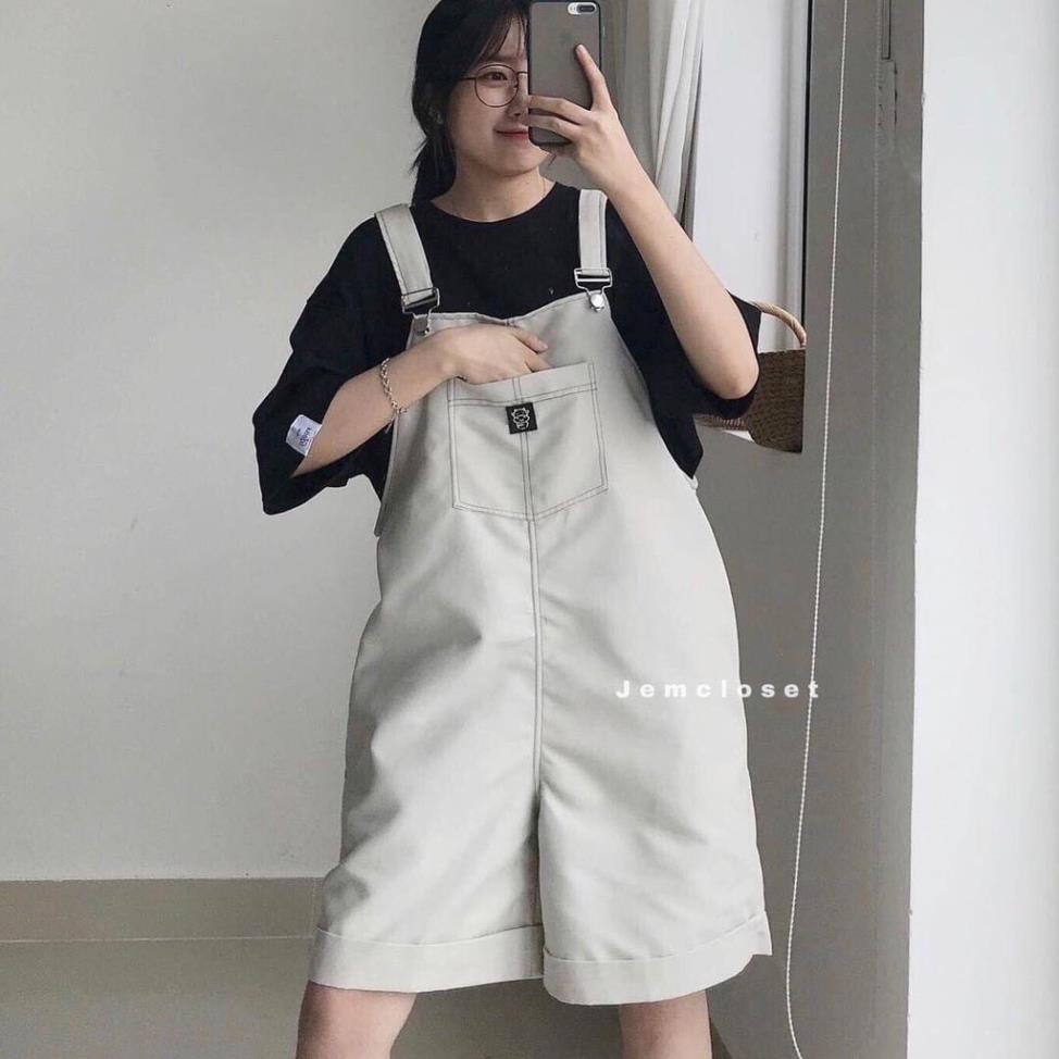 Quần Yếm Nữ Dáng Xuông Ulzzang🌸 Yếm Kaki Đùi Lửng Form Rộng Unisex Có 2 Túi Trước 2 Màu Đen Trắng