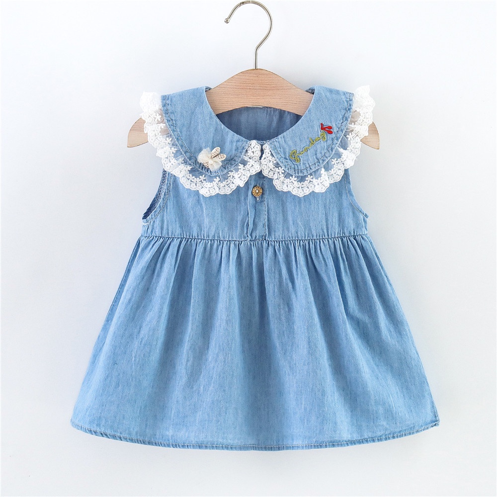 Đầm Thể Thao Denim Không Tay Cổ Búp Bê Phối Ren Thời Trang Mùa Hè 2022 Dành Cho Bé Gái