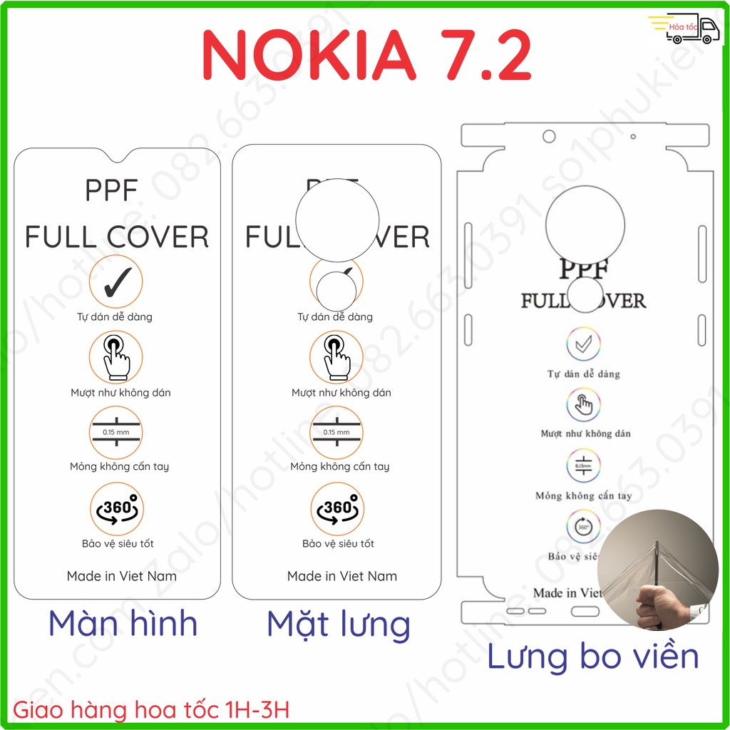 Dán PPF Nokia 7.2 loại trong, nhám dành cho màn hình, mặt lưng, full viền siêu bảo vệ