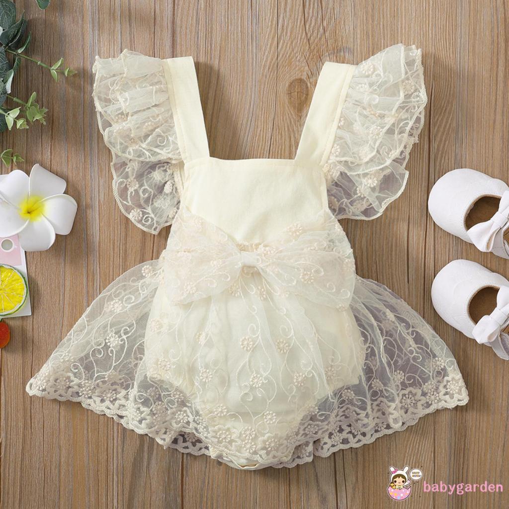 Bộ Áo Liền Quần Không Tay Phối Ren Họa Tiết Hoa Thắt Nơ Thời Trang Mùa Hè Cho Bé Gái