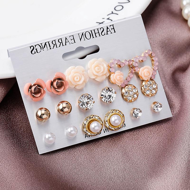 Set 9 đôi bông tai đính đá / ngọc trai giả thanh lịch