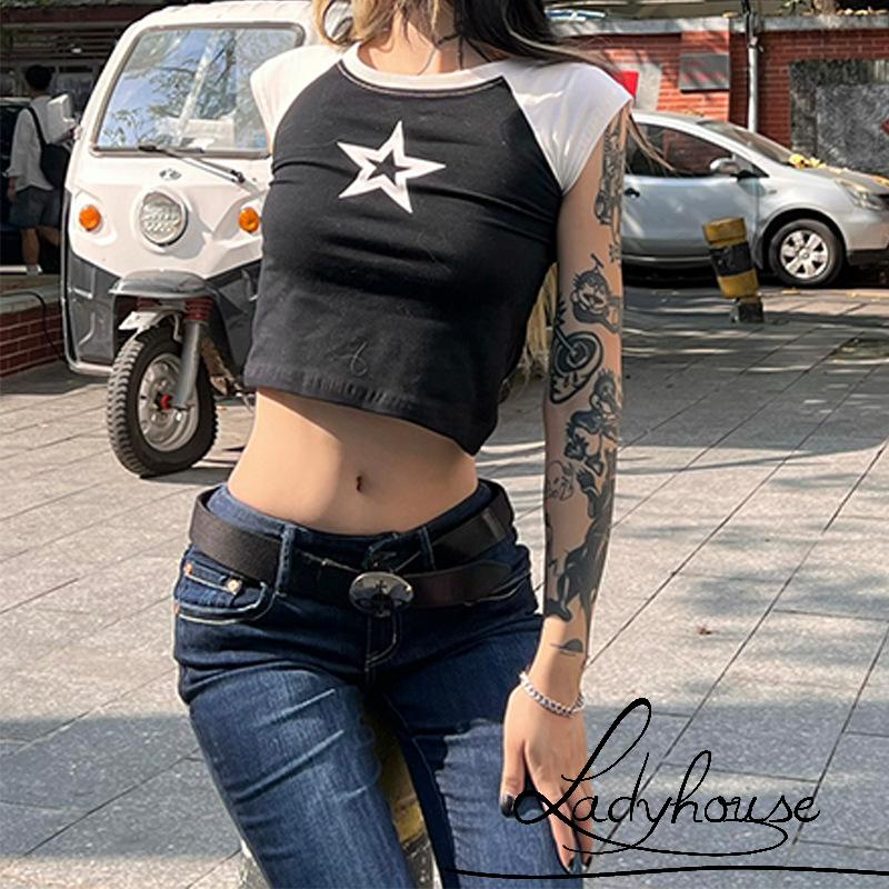 Áo Thun Raglan Tay Ngắn Màu Đen In Họa Tiết Ngôi Sao Cơ Bản Thời Trang Mùa Hè Dành Cho Bạn Nữ