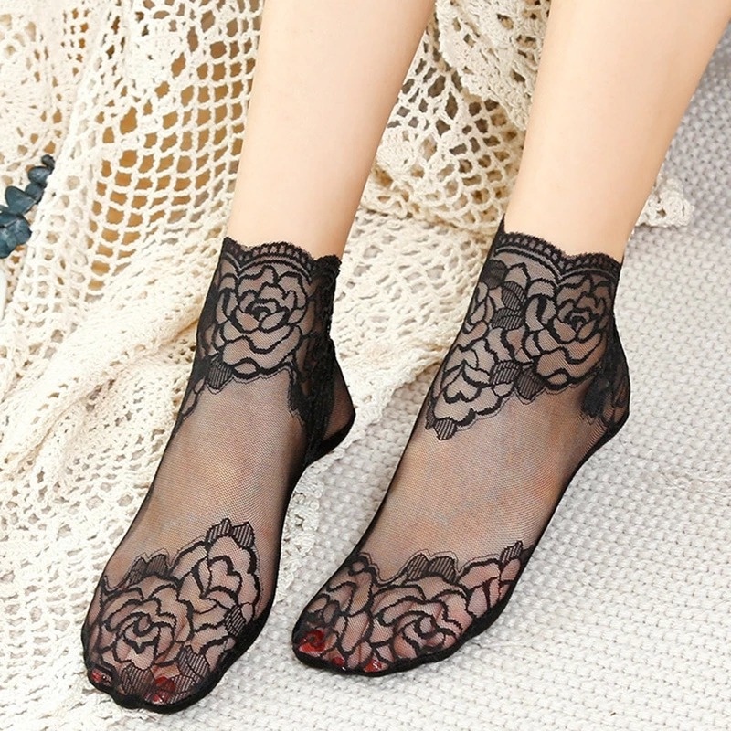 1 Đôi Tất Ren Mỏng Thoáng Khí Chống Trượt Họa Tiết Hoa Mận Cho Nữ