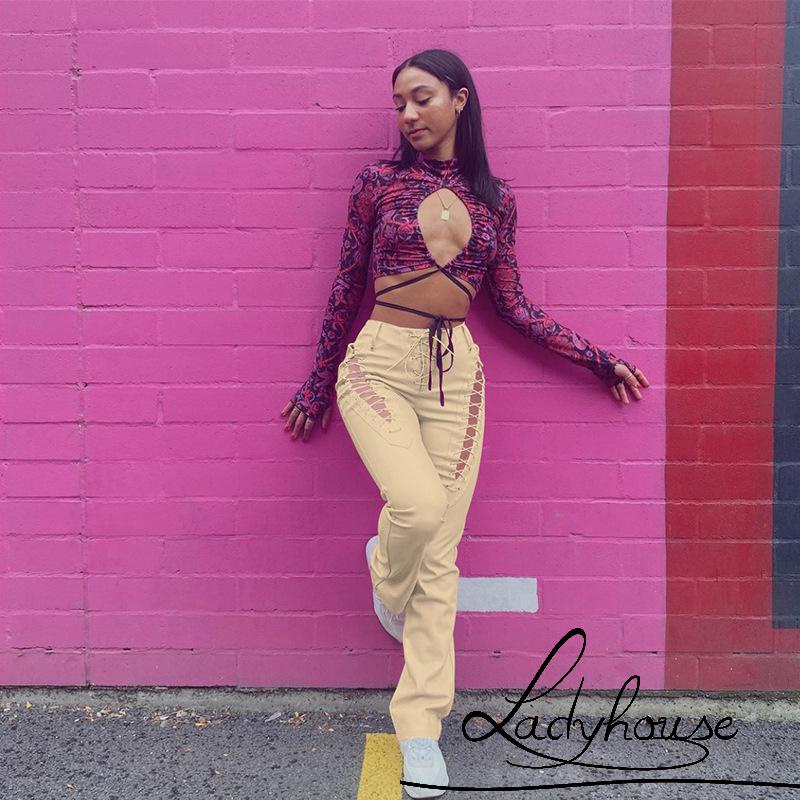 Quần Da Lưng Cao Màu Trơn Dáng Ôm Thiết Kế Đục Lỗ Thời Trang Cho Nữ