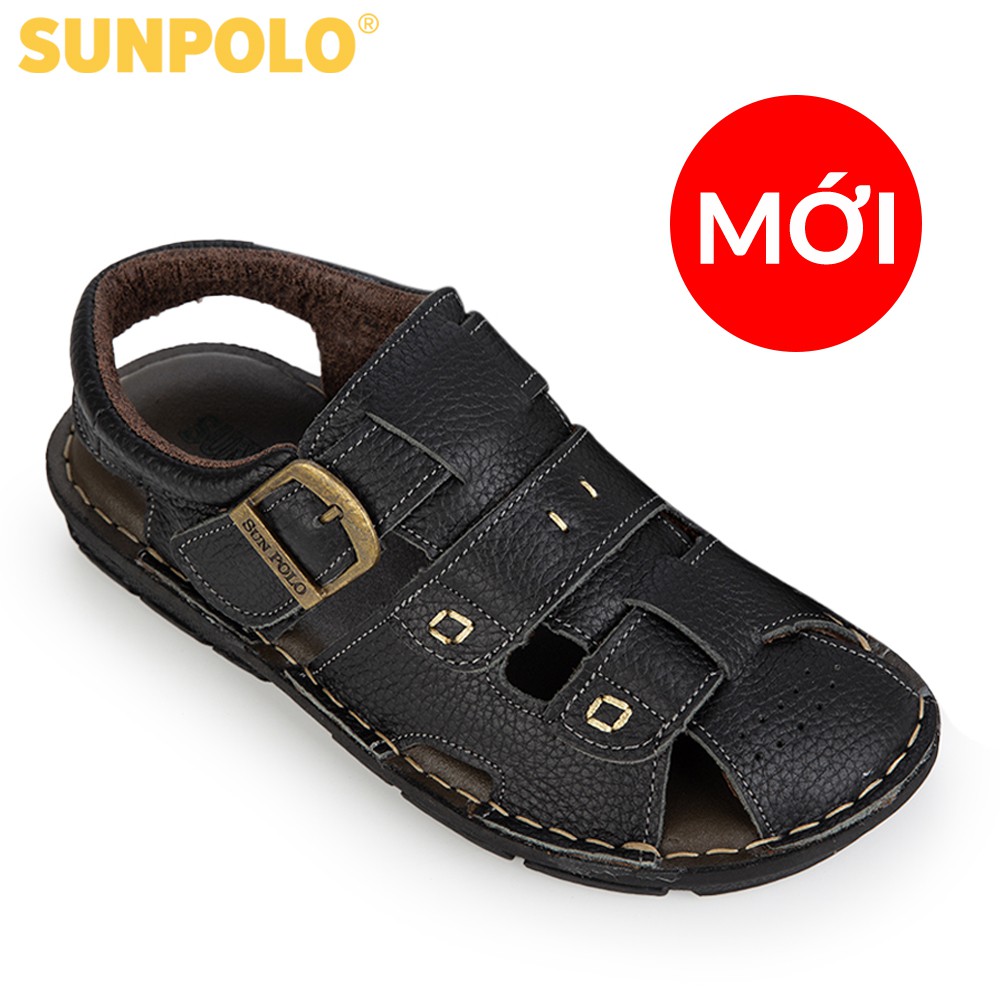 Sandal Bít Mũi Nam Da Bò Cao Cấp SUNPOLO Đen Nâu SDA020