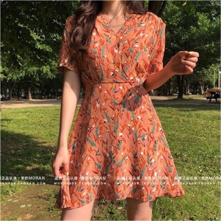 Váy đầm hoa nhí cam thắt eo hàn quốc