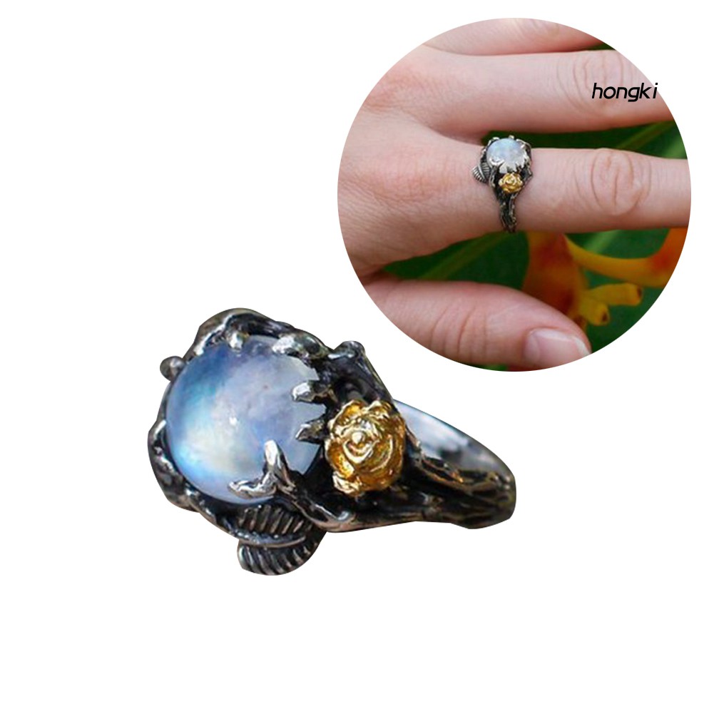 Nhẫn Đính Đá Mặt Trăng Nhân Tạo Hình Hoa Hồng Phong Cách Vintage