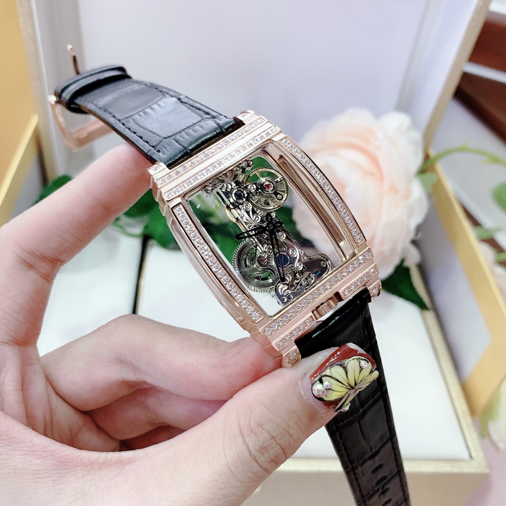 Đồng Hồ Nam Corum CRD04 - Dây Da - Lộ Cơ - Viền Đá ( Mặt Chữ Nhật )